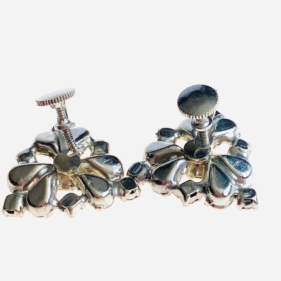 Vintage Rhinestone Crystals Earrings Screw Backs Silver Tone - Picture 3 of 5